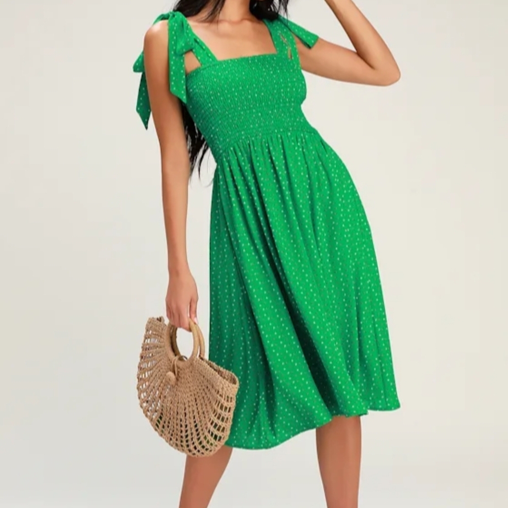 Lulu's Day in the Sun Green Print Smocked Midi Dress